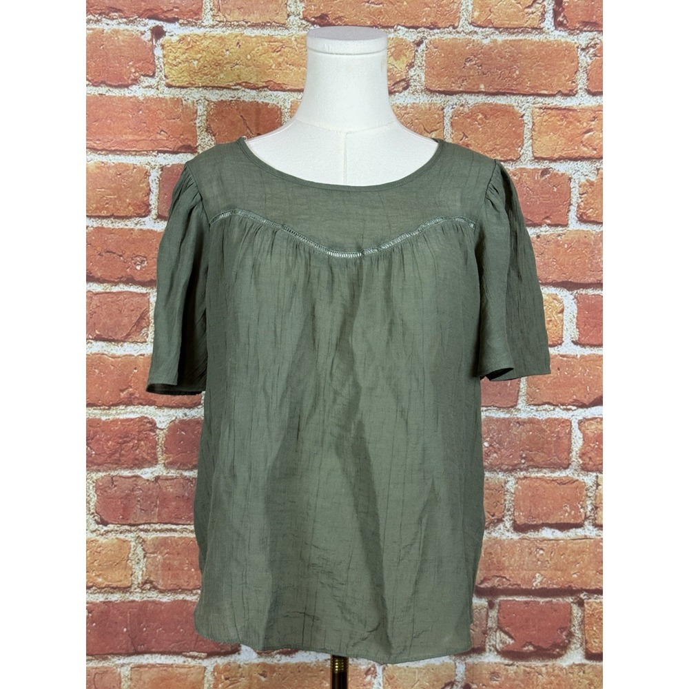 Nanette Lepore Green Rayon Blouse Semi-Sheer Short Wide Sleeve Key Hole Size Med